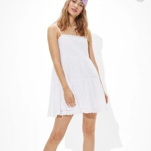 American Eagle Solid Embroidered Tiered Babydoll Dress